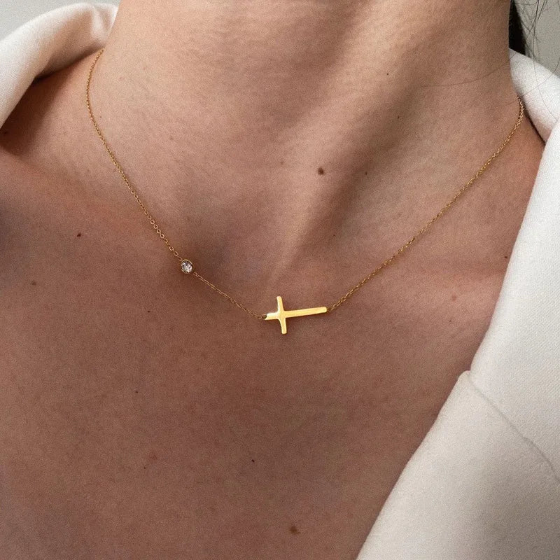 Sideways Cross Necklace - Gold